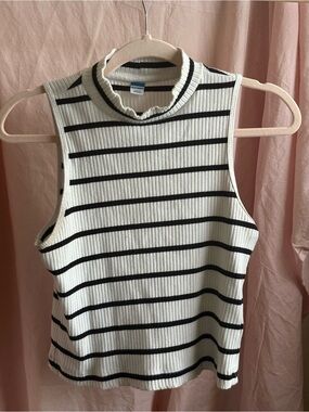Old Navy Cream and Black Striped Ribbed Mock Neck Tank